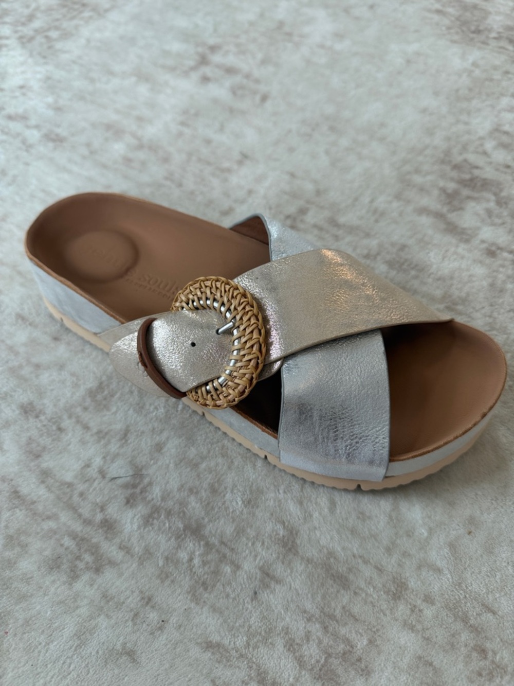 Metallic Silver Cross-Band Slide Sandals with Woven Buckle